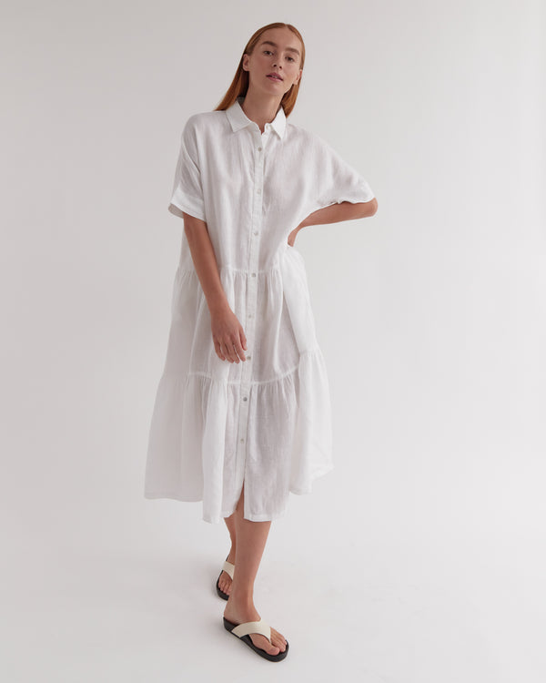Tiered Linen Shirt Dress White ...